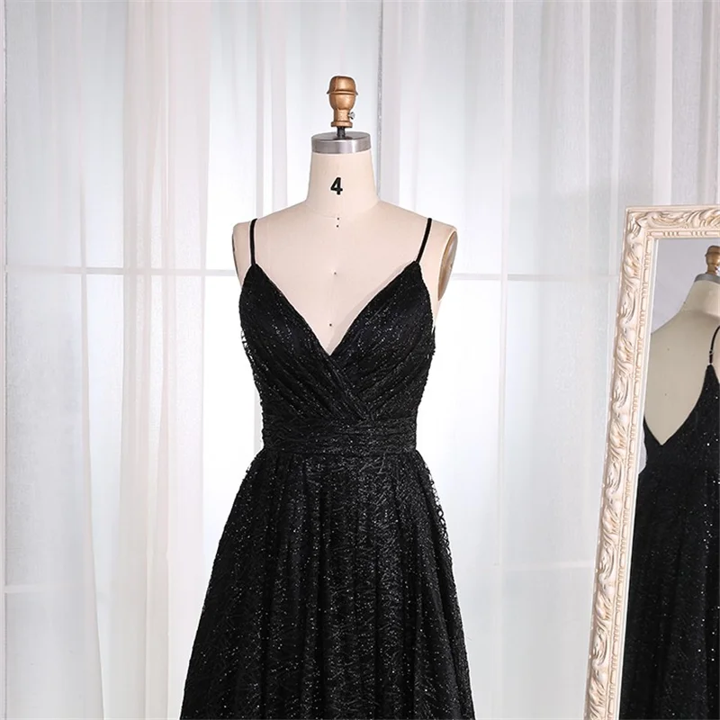 Vestido de baile preto 2021, novo vestido de alça com decote em v, linha a, comprimento até o chão, sem mangas, lantejoulas, vestidos de noite personalizados