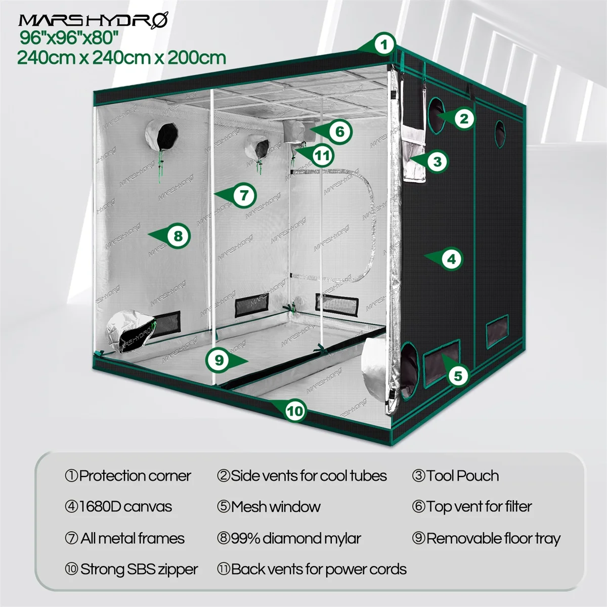 Mars Hydro-tienda de Cultivo LED para interior, sistema de cultivo no tóxico para habitación de plantas de jardín interior, cabaña a prueba de agua, 1680D, 240x240x200cm