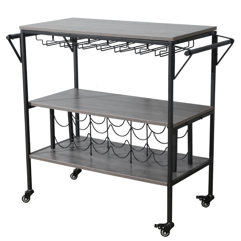 Munich Bar Serving Cart Dining Car Storage 3-Layer Black Metal Frame Gray MDF Surface with Wine Rack 95x40.5x83CM[US-Stock]