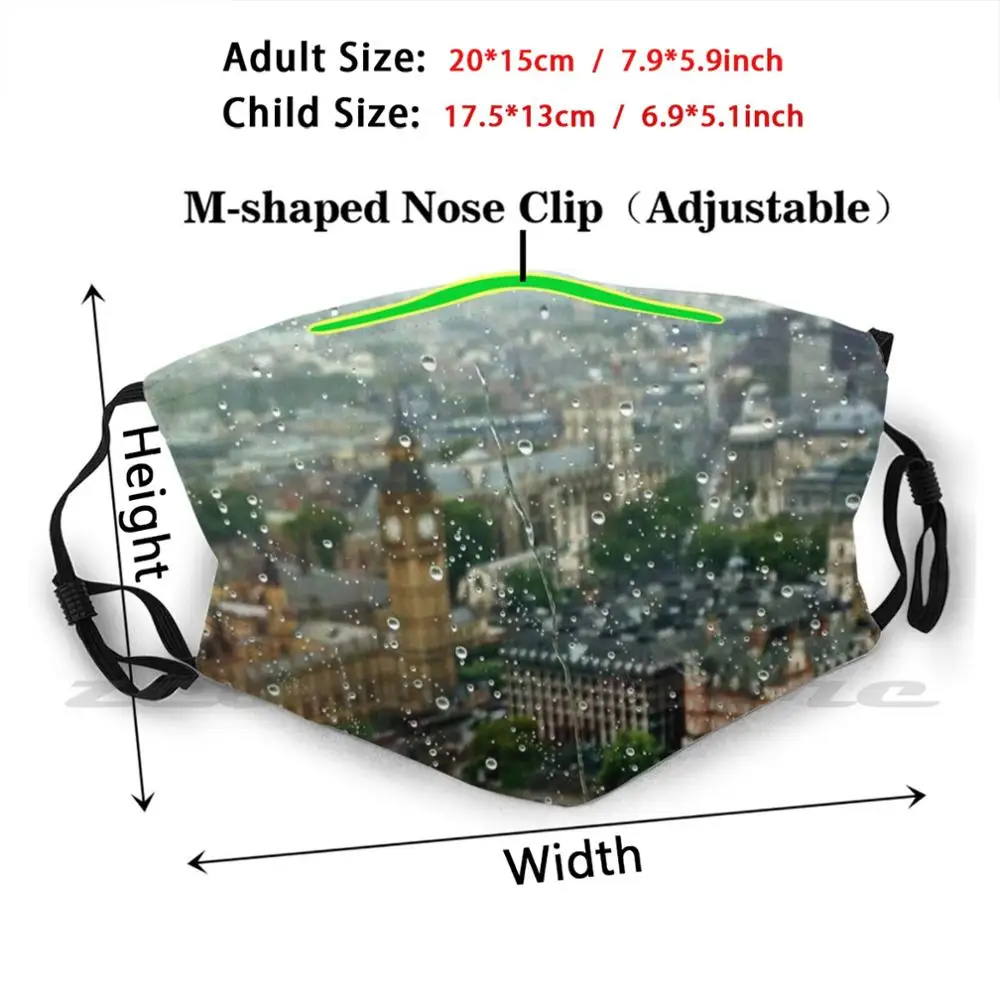 Elizabeth Tower In The Rain Mask Cloth Reusable Print Filter Washable Big Ben Rain London Summer Inggris Britania Raya Eropa