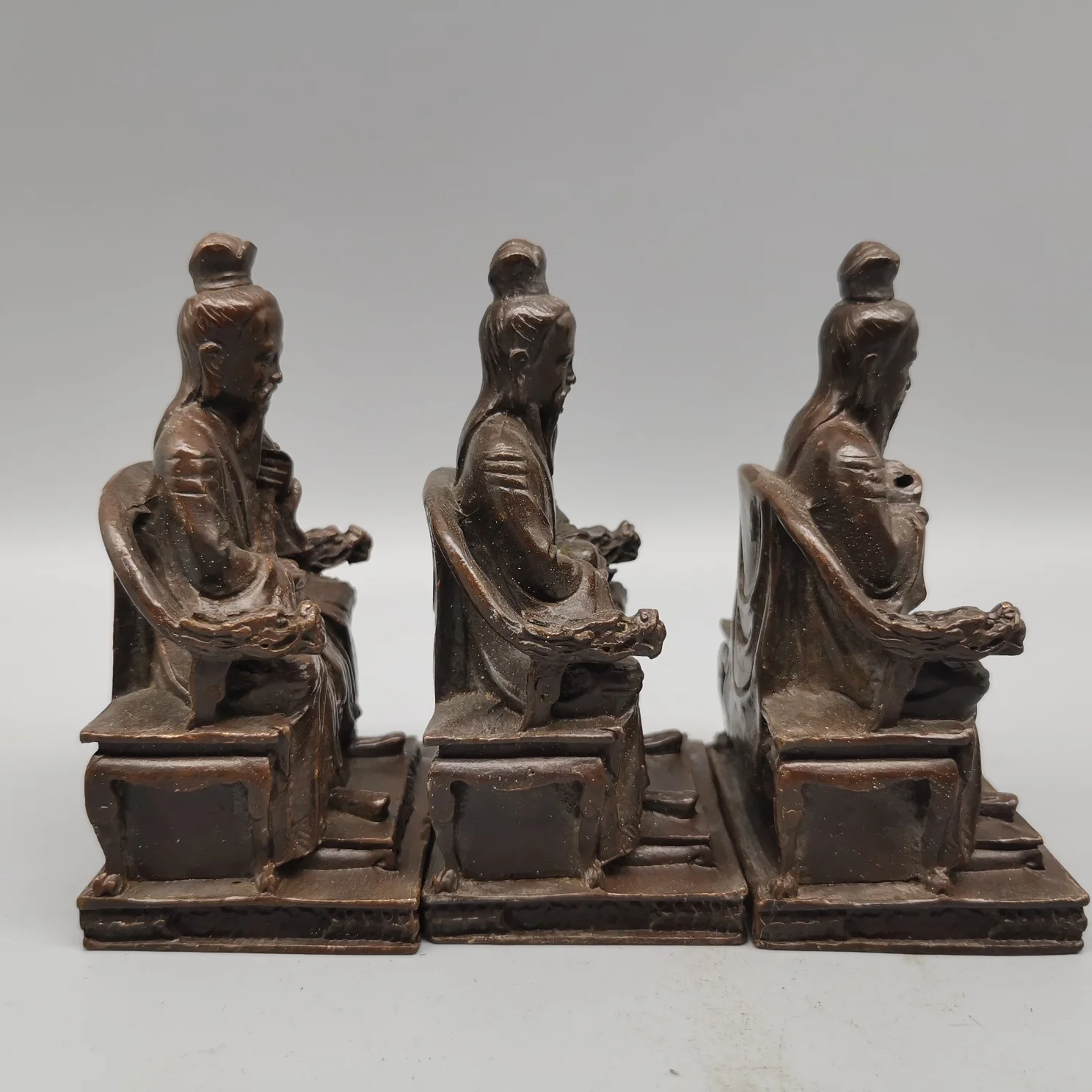 Old Chinese Red Copper Bronze Taoism Sanqing Emperor 3 Immortal God Laojun Statue Set