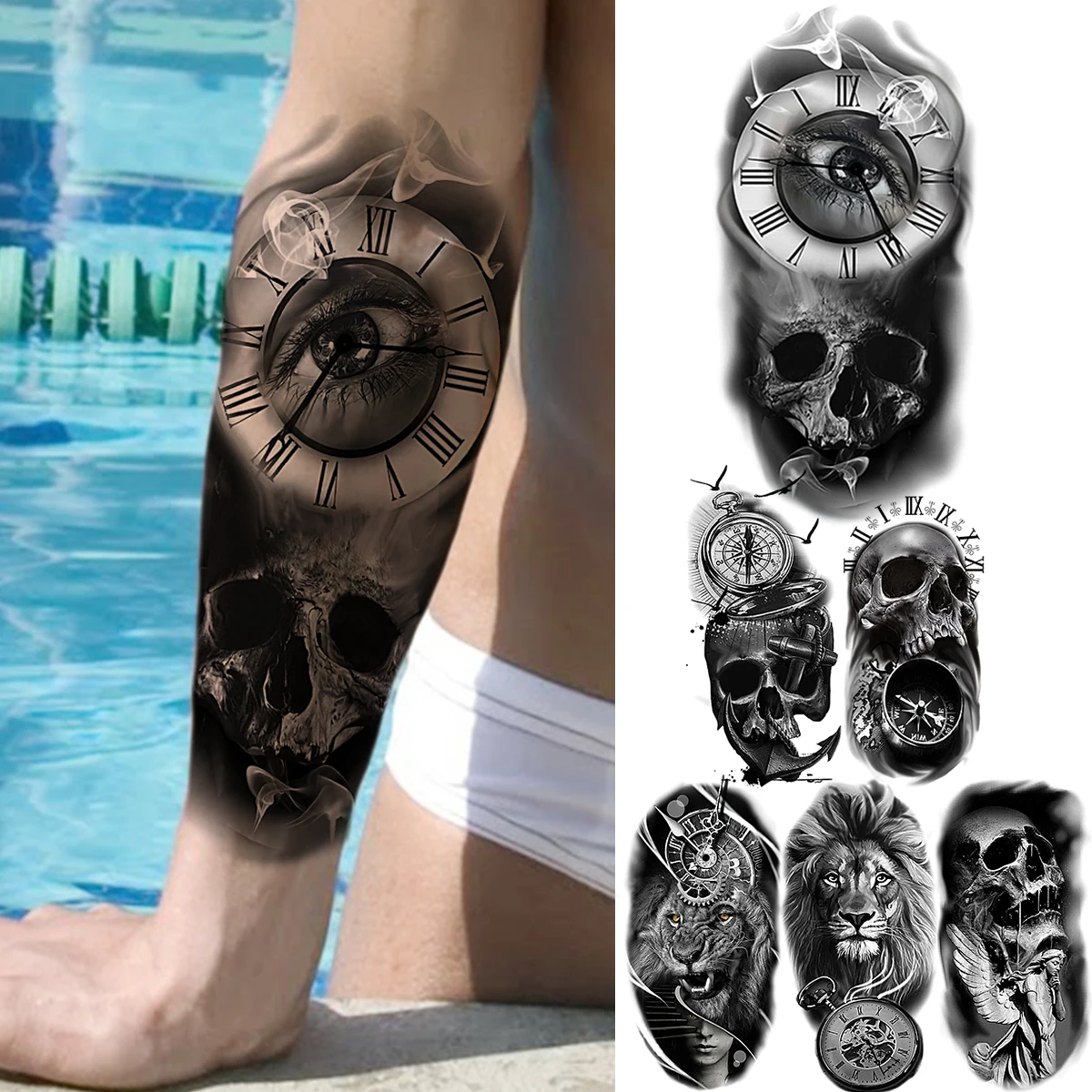 Tatouages temporaires pour hommes et femmes adultes, tête de mort noire, compas, yeux, Lion Halloween, faux tatouage réaliste, Ske effrayant; etpm