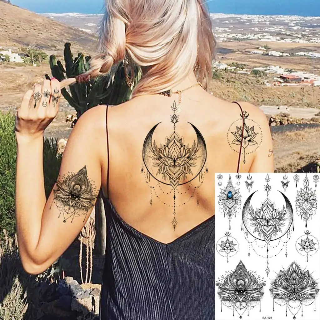 3D Lotus Henna Moon Pendant Back Temporary Tattoos For Women Adult Feather Lion Butterfly Fake Tattoo Arm Waterproof Tatoos