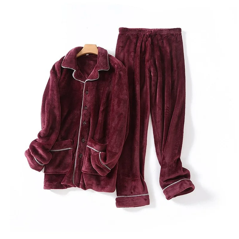 Men Pajamas 100% Flannel Home Wear Long-sleeved Trousers Pajama Suit Winter New Loose Warm Pajamas
