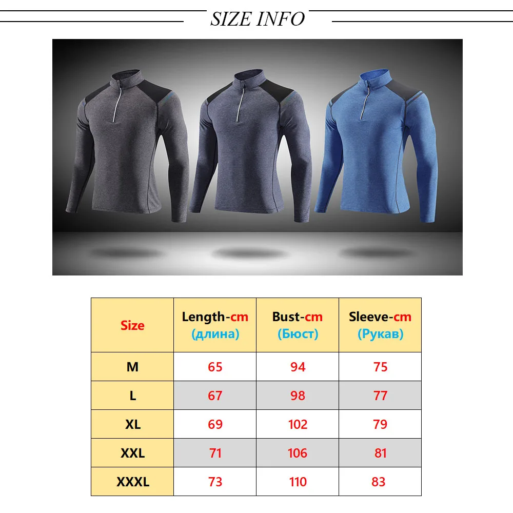 Long Shirts Men Sports Zipper Fitness Traning Quick Drying Clothes Stand Collar Slim Top Workout Running Tee