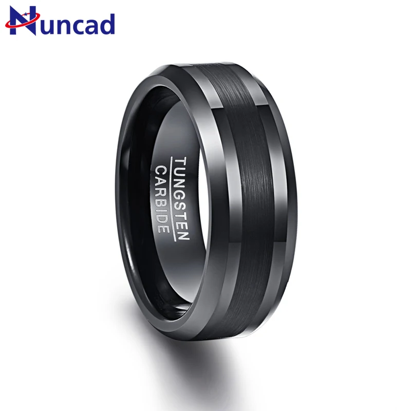 NUNCAD 8mm Tungsten Carbide Black Wedding Engagement Band Brushed Center Men\'s Ring Beveled Edge Comfort Fit Size 7-12 T018R