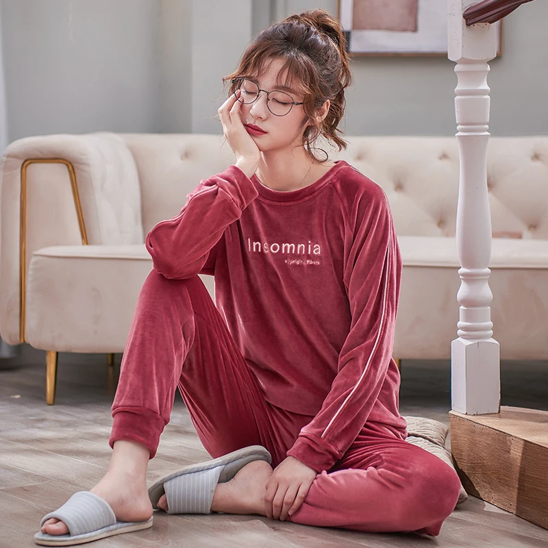 여성 o-넥 잠옷 세트 섬 양털-긴팔 가을 겨울 Pyjama 느슨한 여성 홈 세트 편지 Sleepwear 탑스 + 바지 2pc