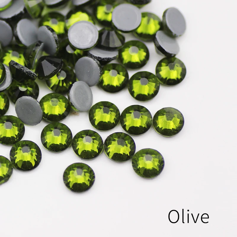 Multi-color Olive Green Hot Fix Rhinestone Crystal Super Glitter Strass Iron on Rhinestones for Nail Art Fabric Garment