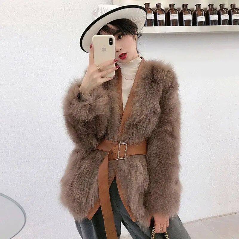 Fashion Winter Women High Quality Faux Fox Fur PU Patchwork Coat Luxury Shaggy Loose V-neck Thick Belt Warm Long Female Outwears