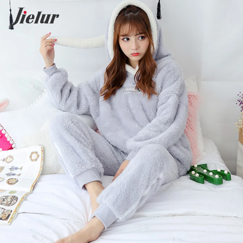 Jielur Coral Velvet Bathrobe Women Cartoon Cute Warm Hooded Robe Rabbit Flannel Kimono Bath Robe Dressing Gowns Sleepwear