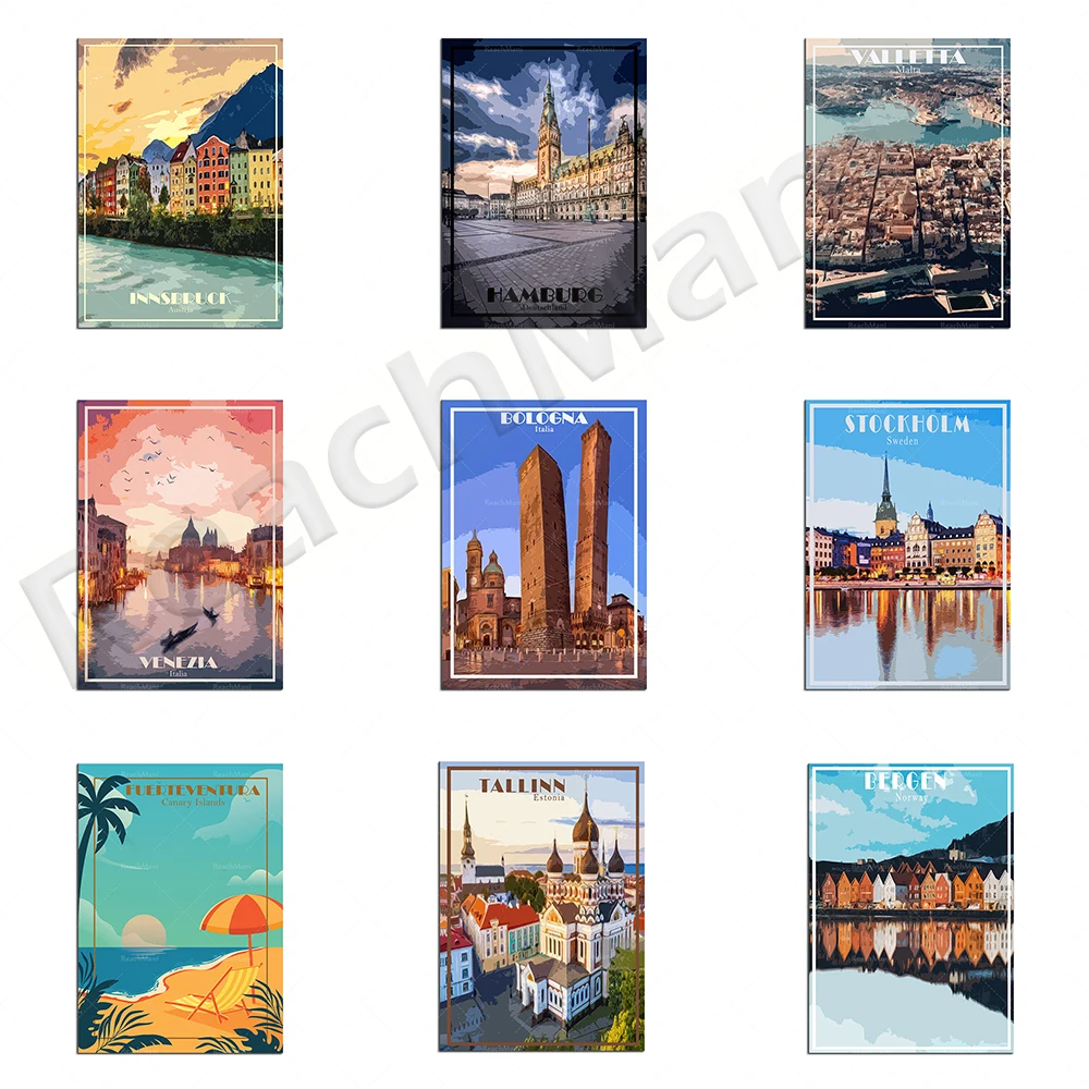 Budapest, Hungary, Nazar, Bergen, Bologna, Bamberg, Copenhagen, Tallinn, Estonia, Krakow, Eiffel Tower printed tourist posters