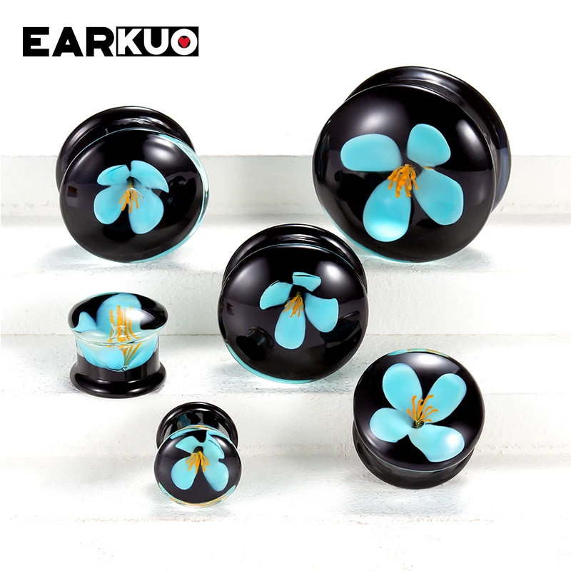 EARKUO Promotion Selling Heart Flower Milky Way Glass Ear Gauges Stretchers Piercing Body Jewelry Ear Plugs Tunnels 2PCS 6-25mm