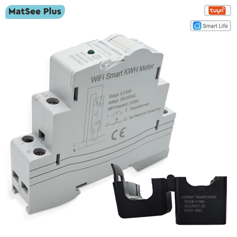 Tuya 스마트 라이프 단상 Wi-Fi 전력 측정기 Din 레일, 50A 63A 전류 변압기 측정 전압계 전류계 앱 실시간 모니터 전력 및 기록 에너지