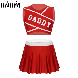 Abito uniforme da cheerleader per adulti da donna, costume da ballo cosplay per ragazze della scuola sexy, top corto con mini gonna a pieghe