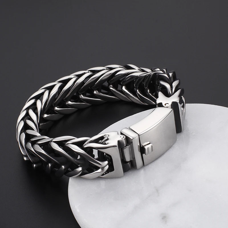 Fongten 23cm Mesh Chain Men Bracelet Stainless Steel  Heavy Braided Charm Bangle Bracelet For Men Silver Color Shiny Jewelry