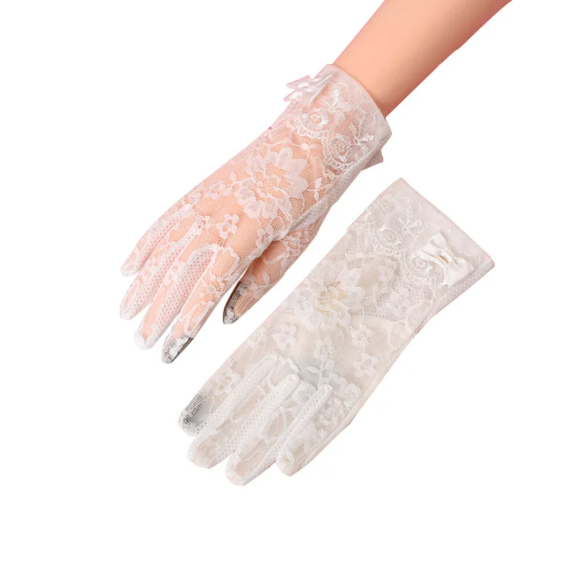 Gloves female summer lace short bow touch screen sunscreen gloves outdoor riding driving sunscreen gloves J55