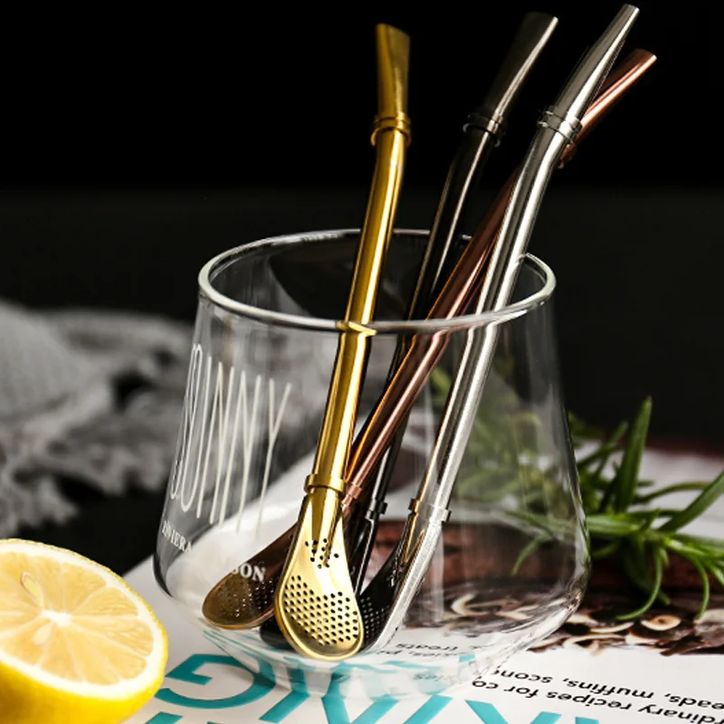 Stainless Steel Metal Straw Spoon Reusable Drinking Straws Yerba Mate Bombilla Filtered Straw Teaspoon Cocktail Bar Accessories image 4