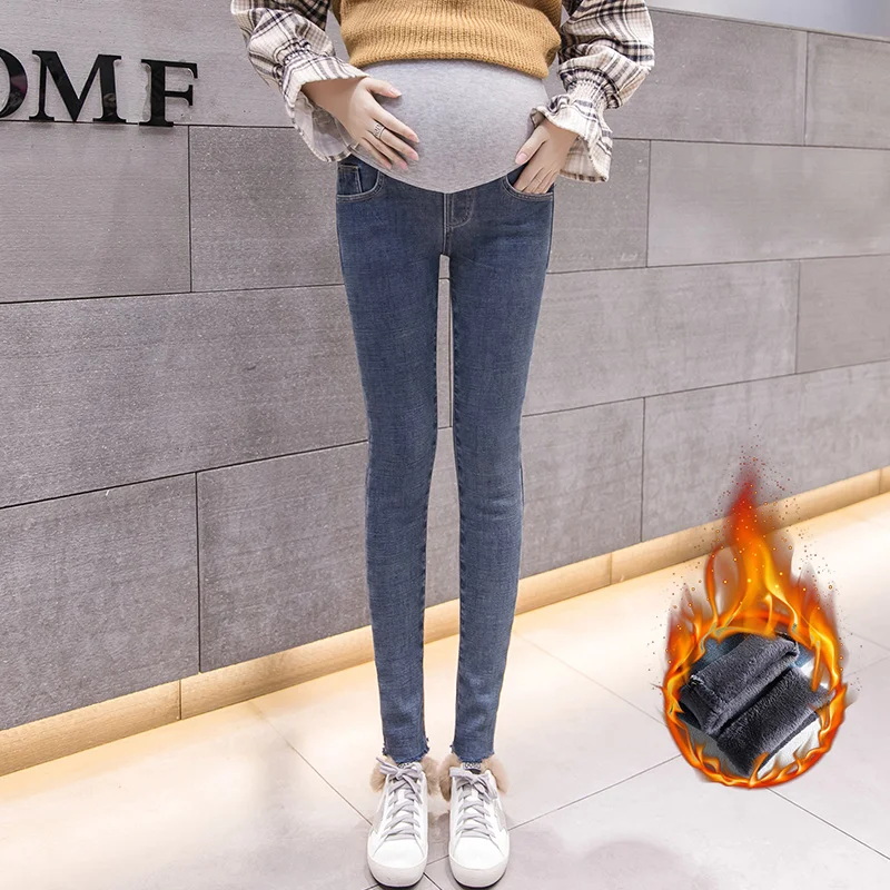 Pregnant women with hair thickening jeans winter abdomen trousers to keep warm leggings tide mom jeans