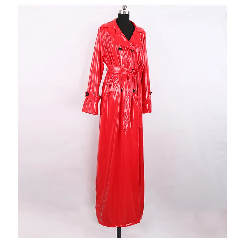Nerazzurri Autumn Extra Long Soft Red Reflective Shiny Patent Leather Trench Coat for Women Double Breasted Maxi Korean Fashion