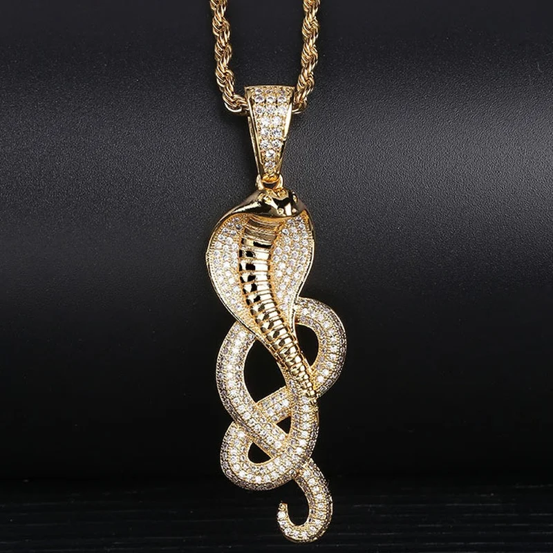 Hip Hop Micro Paved Cubic Zirconia Ice Out Glittering Cobra Snake Animal Pendant Necklace Men Rapper Punk Jewelry