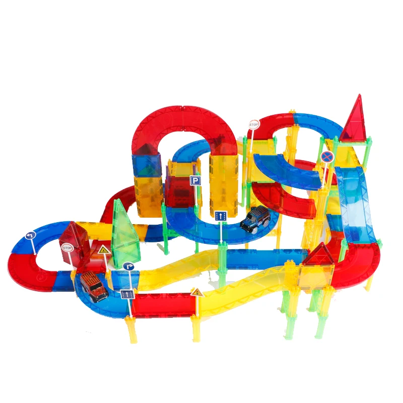 Magplayer 154 Pieces Magnetic Tiles Building Blocks set with Car Racing Tracks Toy for Children Intelligence Toys Best Gifts