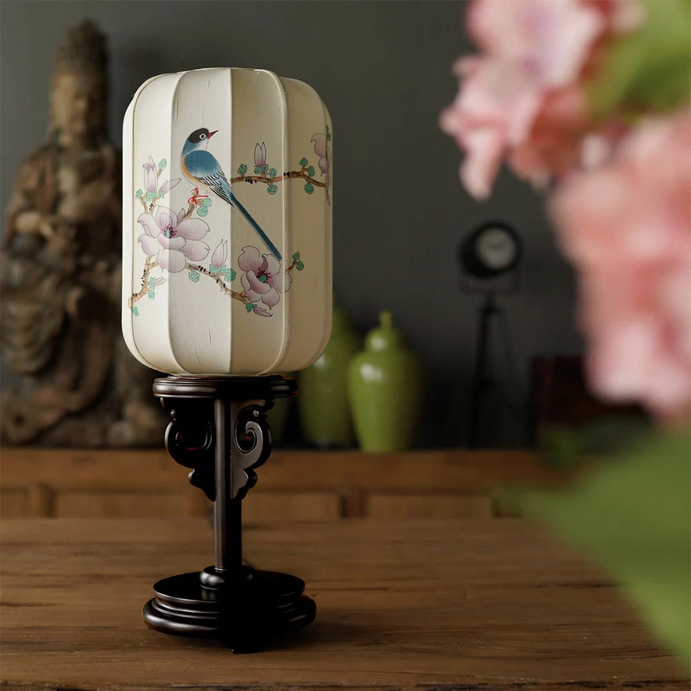 

Chinese Style Table Lamp Study Living Room Deco Bedroom Night Light With DIY Hand Painted Art Gift Flower Bird Fabric Lampshade