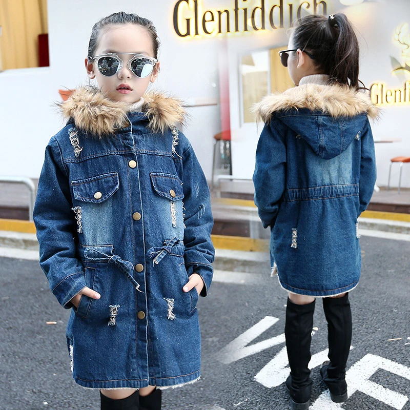 Winter Girl\'s Denim Jacket Fashion Girls Fur Collar Jean Hoodies Children Kids Mid-Long Warm Windbreaker Snowsuits Jacket 14Y