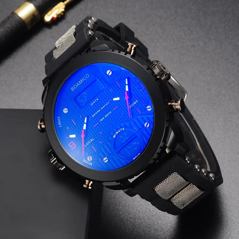 BOAMIGO 3 Time Zone Military Sports Watches LED Digital Quartz Wristwatches erkek kol satleri relogio masculino