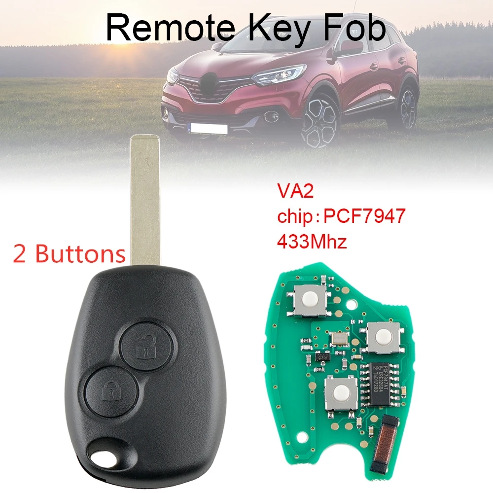 Clé télécommande à 2 ou 3 boutons, 433Mhz, avec puce PCF7947 et lame VA2, pour Renault / Clio / Scenic / Kangoo / Megane