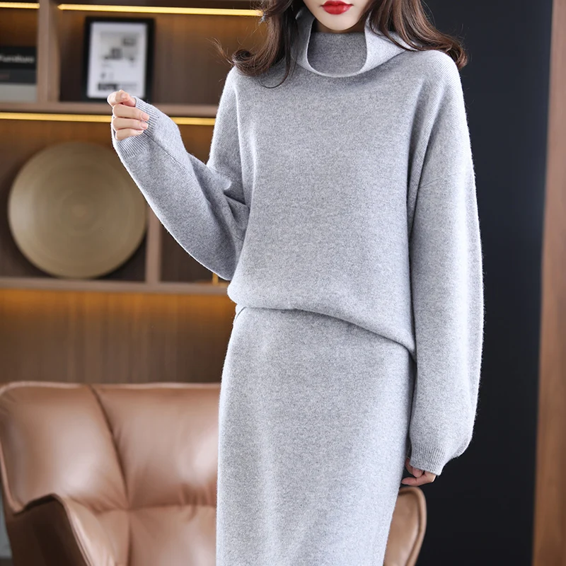 Women\'s Suit Wool Knitted Skirt Two-Piece 2023 Autumn and Winter New Turtleneck Sweater Fashion Wool Cashmere Package Hip Skirt