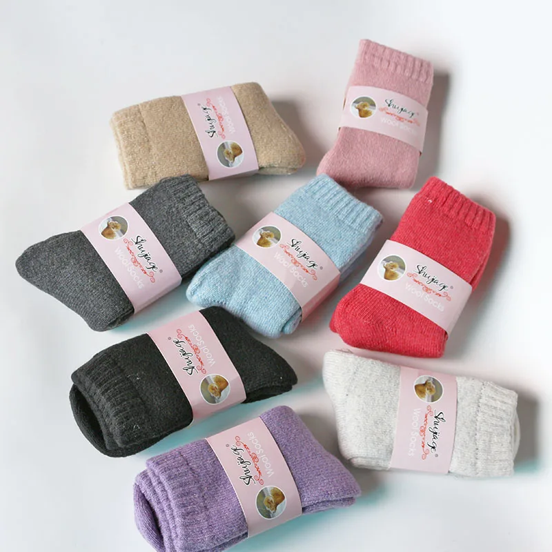 Nữ Mùa Đông Dày Ấm Giày Vớ Len Cho Bé Gái Màu Nguyên Chất Cashmere Sock 2 Đôi