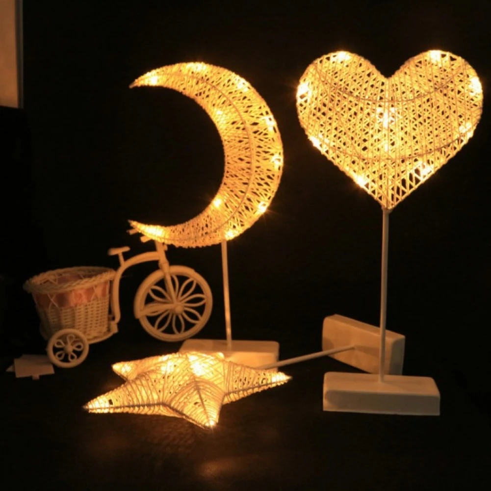 Creative LED Night Light Handmade Heart Star Tree Shape Grass Rattan Woven Battery Power Table Lamp Xmas Party Decor Kids Gifts