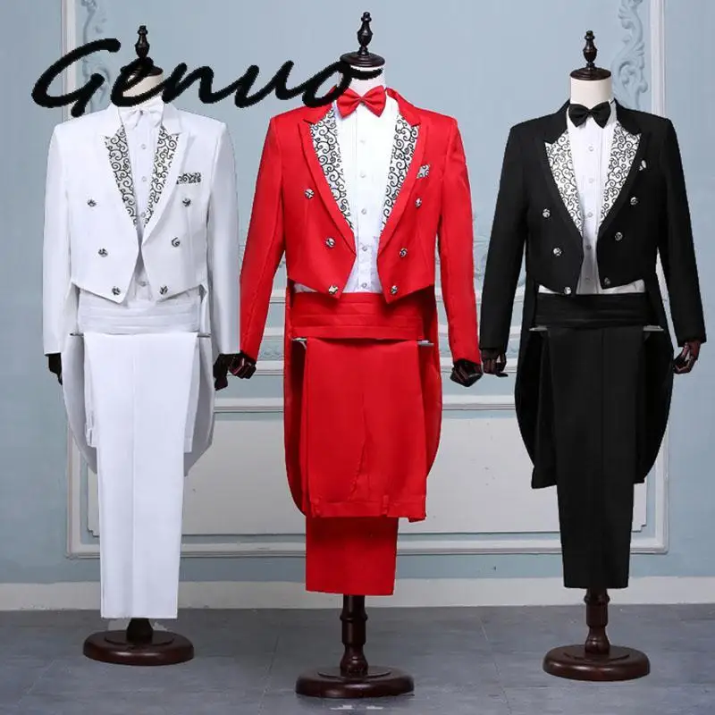 

Men White Black Red Jacquard Lapel Tail Coat Stage Singer Costume Homme Wedding Groom Prom Tuxedo Suits Men Suit (Jacket+Pants)
