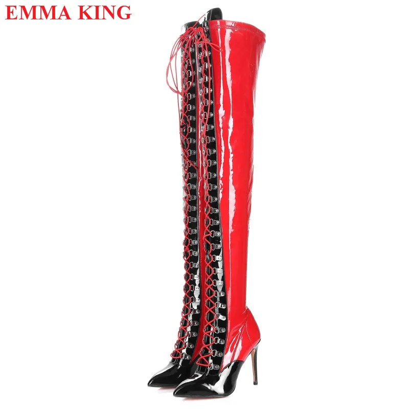 Inverno rosso nero lucido stivali sopra il ginocchio in pelle donna Lace Up Stiletto Party stivali alti alla coscia moda scarpe con tacco alto donna