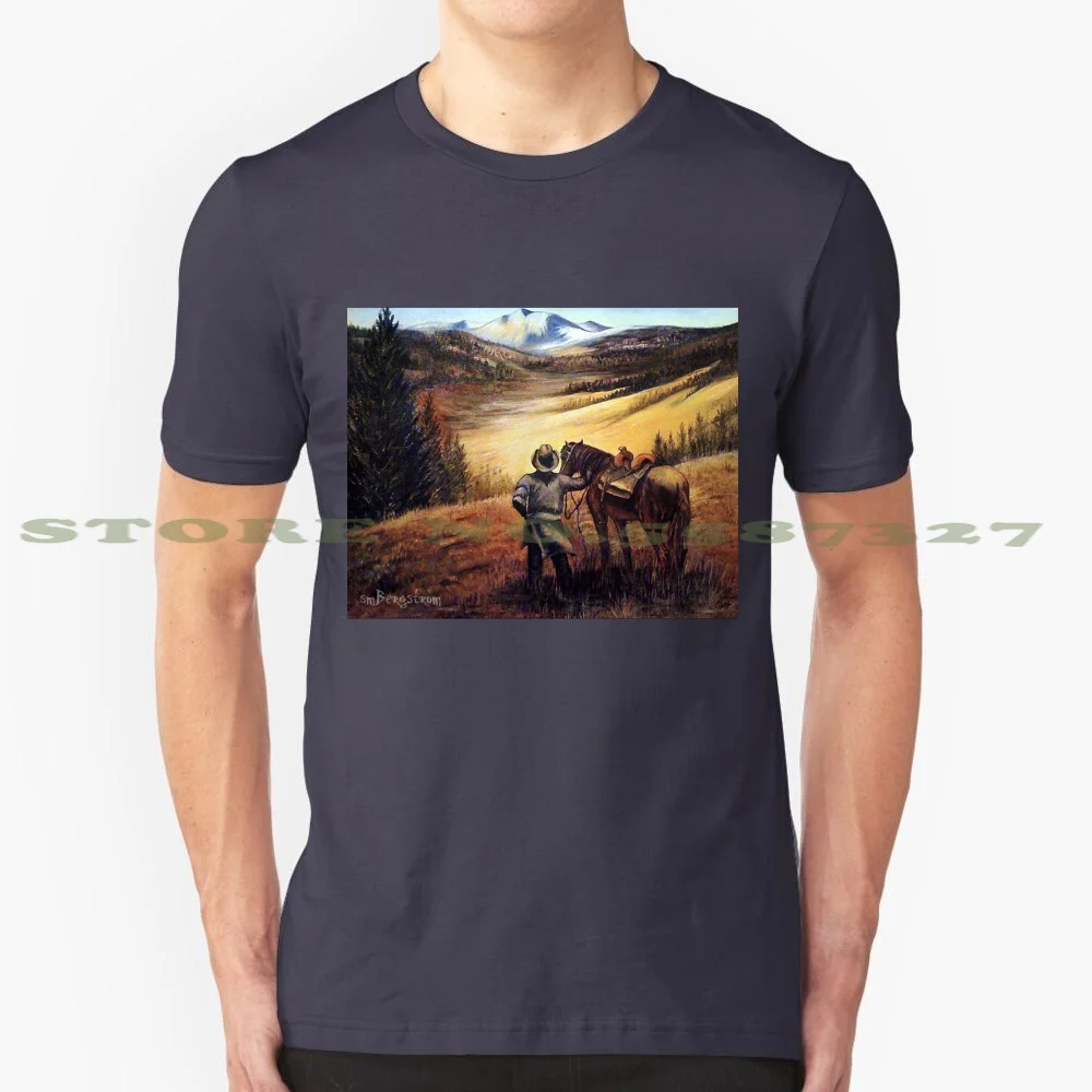 Wolfcreek Pass 100% Cotton T-Shirt Horse Mountains Oil Painting Cowboy Meadows Susan Bergstrom Landscape Fine Art Western Art