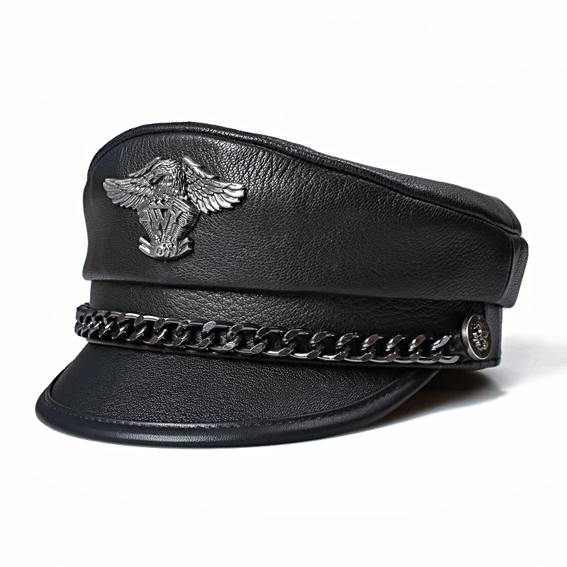 Exclusive German Military Cap Man Genuine Leather Flat Top Hat Korean Fashion Eagle Mark Chain Punk Locomotive Casquette Male