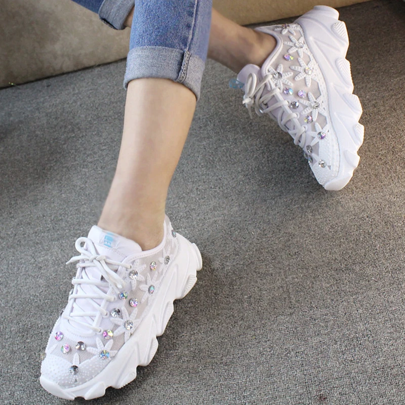 2021 Rhinestone Wedge Sneakers Women Trainers Dames Chunky  Platform  White  Casual Shoes Woman chaussures femme