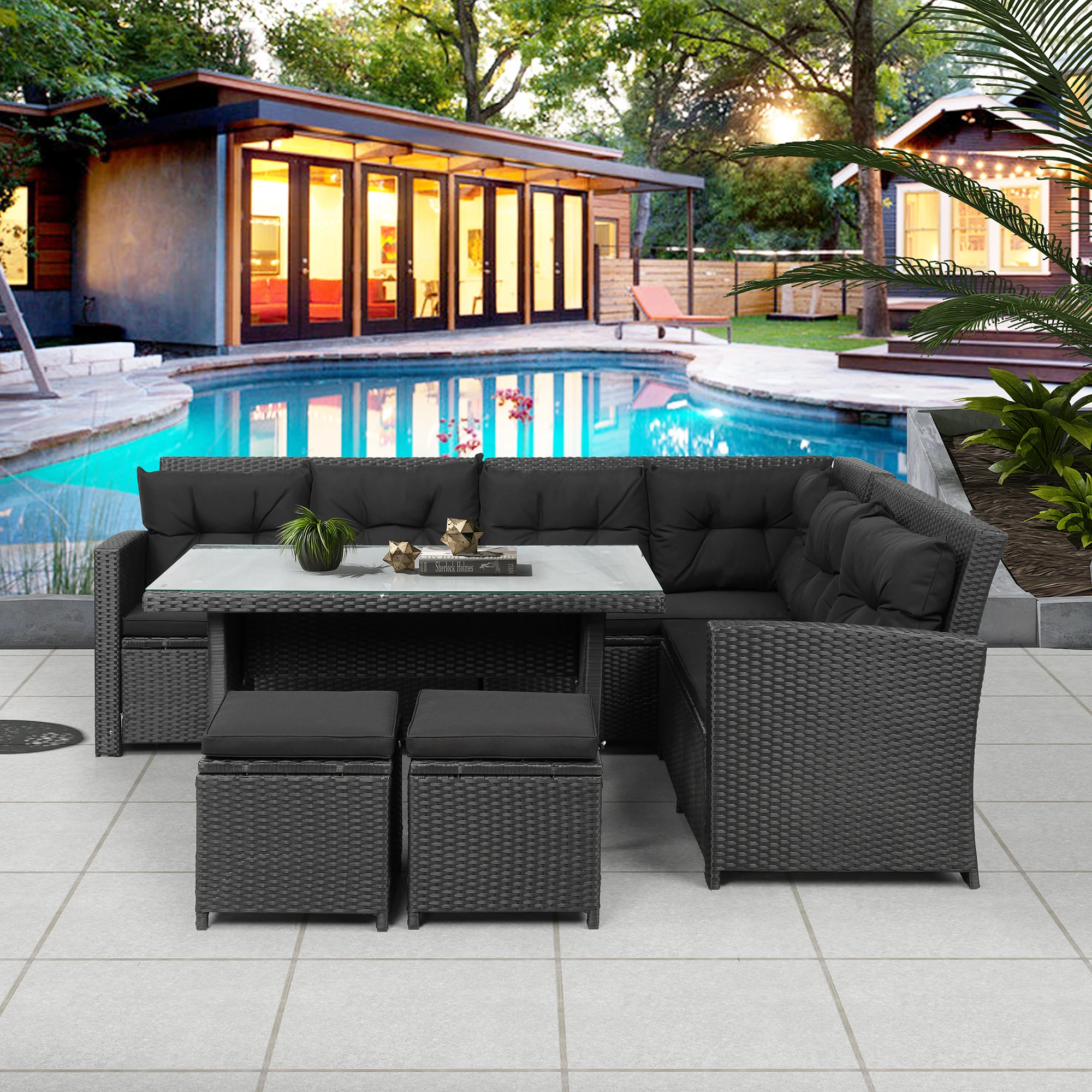 

Patio Furniture 6-Piece Set Outdoor Sectional Sofa with Glass Table Ottomans for Pool Backyard Lawn Black/Gray[US-Depot]