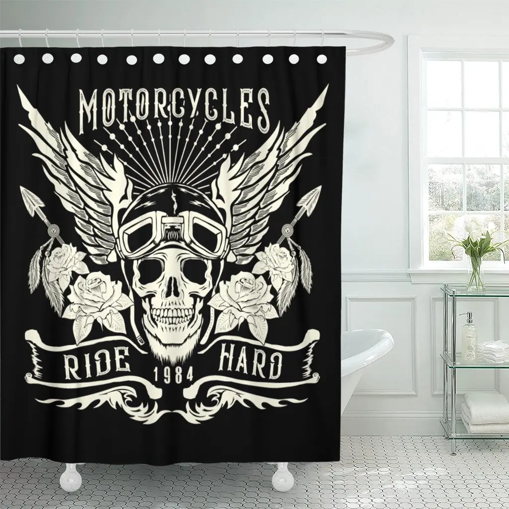 Rider Motorcycle Skull with Helmet Wings Tattoo Design and Patch Biker Shower Curtain Waterproof Polyester Fabric 72 x 72 inches