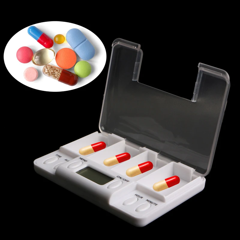 Pills Reminder Medicine Alarm Timer Electronic Box Case Organizer 4 Grids C1FF