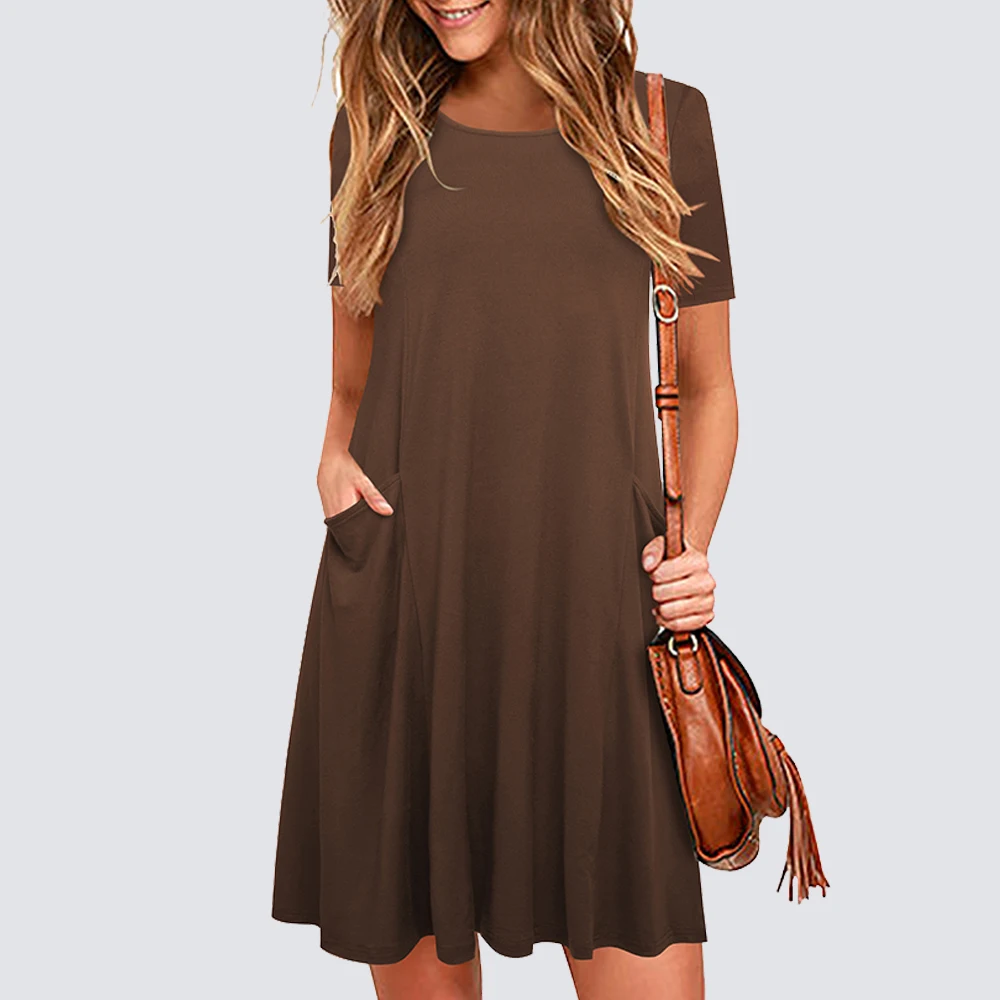 Women Casual Straight Solid Color O Neck Loose Brief Tee Dress with Pockets 2HT027