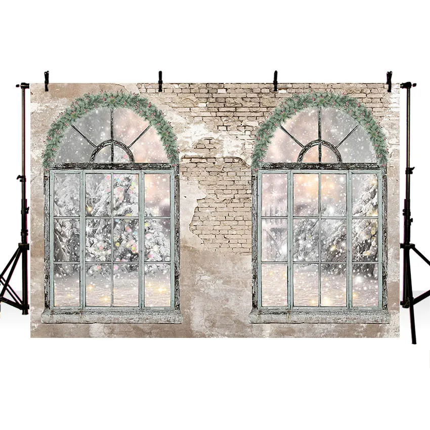 Mehofond Photography Background Brick Wall Winter Snowflake Christmas Window Kids Family Party Portrait Backdrop Photo Studio