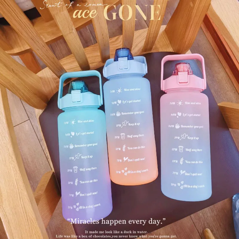 

Bottle Large Capacity Kettle With Straw Gradient Frosted Outdoor Plastic Cup Fitness Sports Portable Anti-drop Graduated Cup