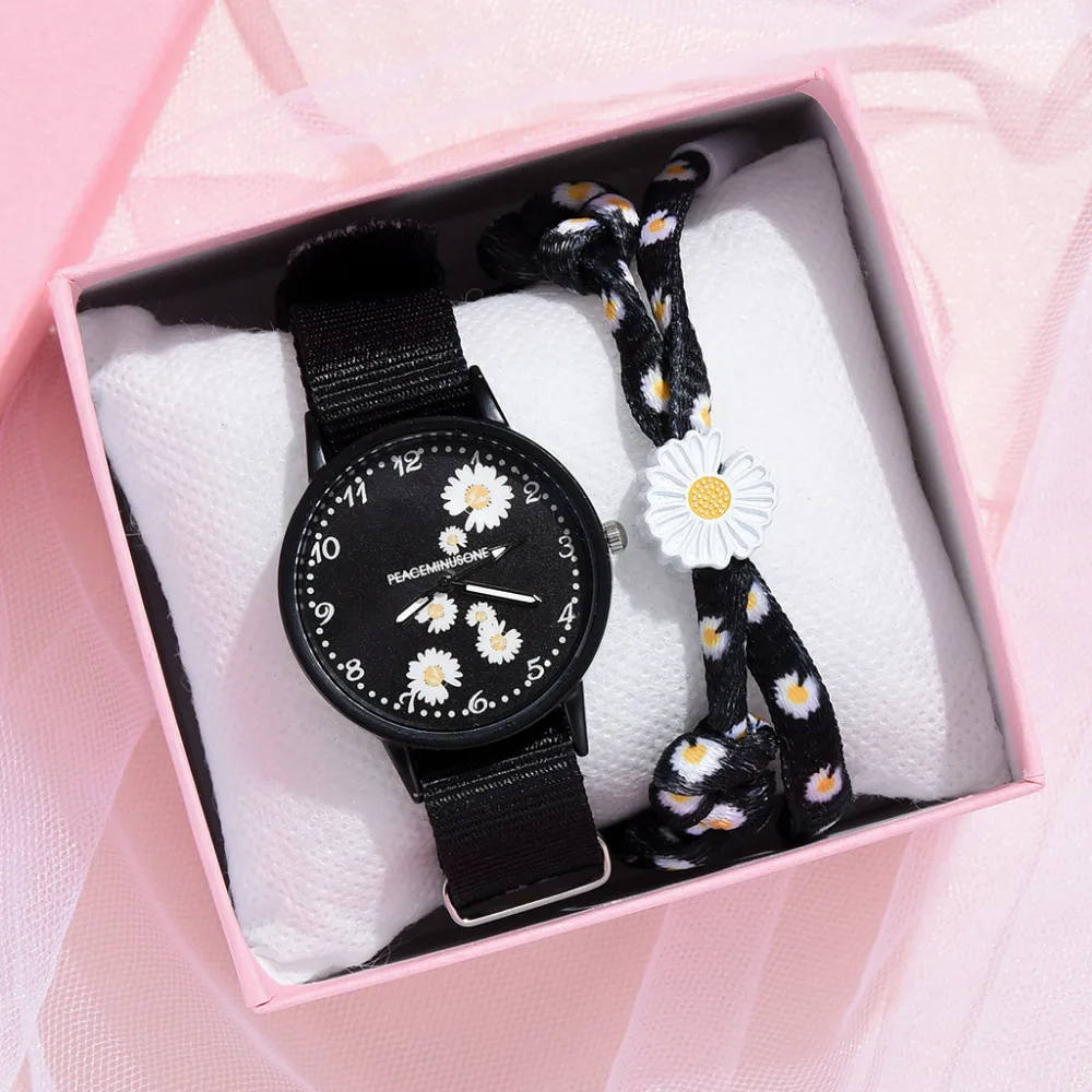 

Women Watch Nylon Strap Daisy Flowers Ladies Wristwatches Fashion Watches Bracelet Set Quartz Clock Hot Sales relogio feminino