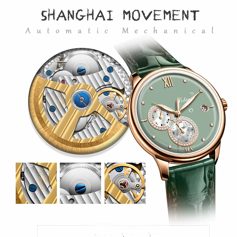 LOBINNI New Fashion Ladies Automatic Mechanical Watch Rose gold Stainless Steel Strap Date Week Waterproof Women's Watch