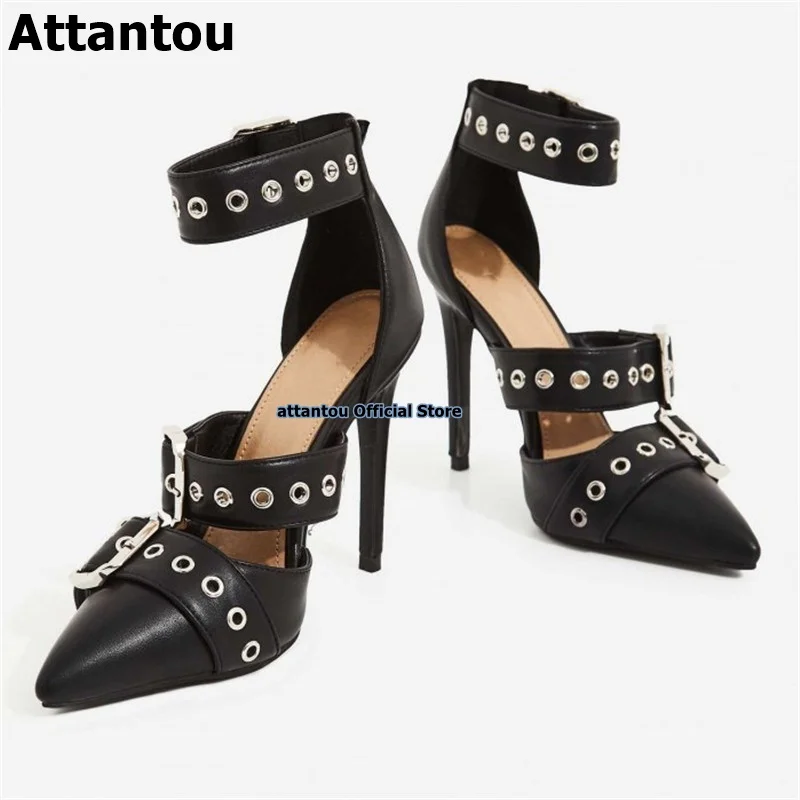 

Black Leather Pointed Toe Stiletto Heeled Dress Shoes Women Punk Style Gladiator High Heels Ankle Wrap Party Shoes