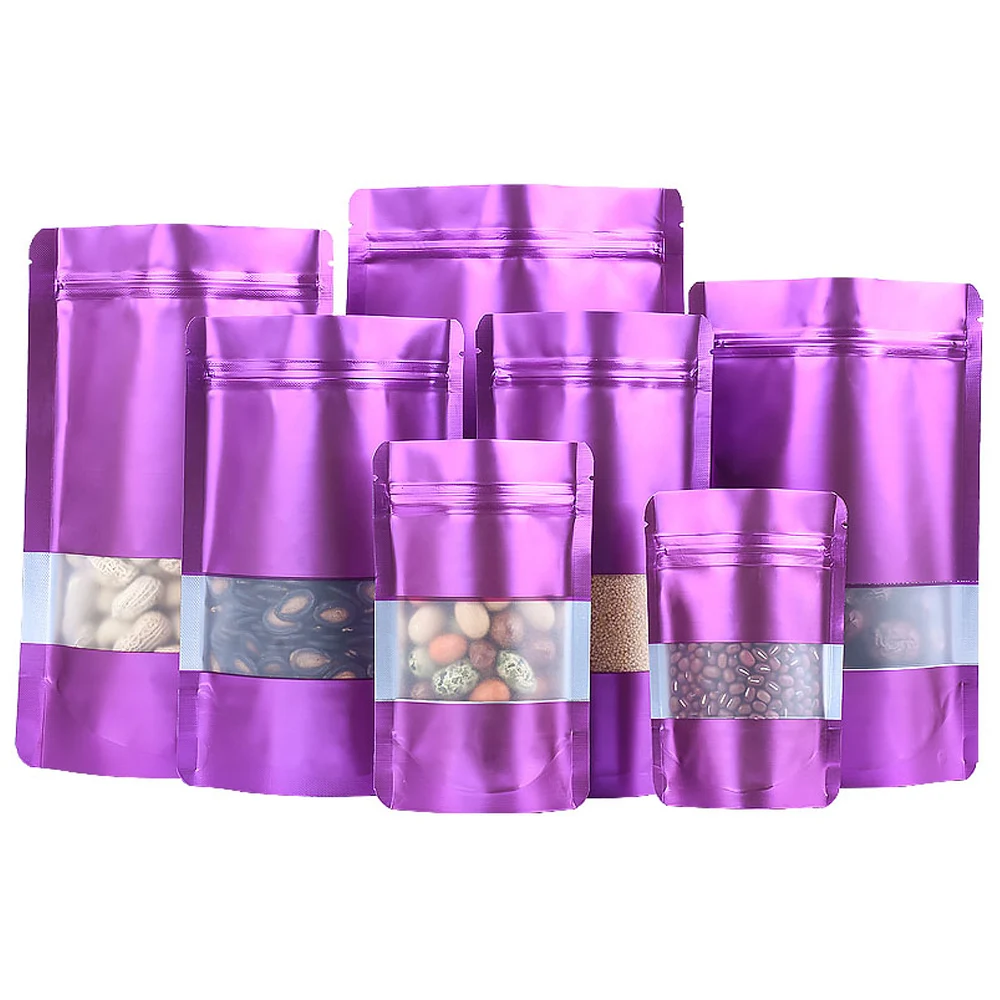 100Pcs Purple Mylar Foil Zip Lock Stand Up Bag with Matte Clear Window Tear Notch Doypack Food Chocolate Tea Bean Pack Pouches