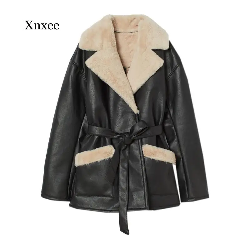 Women Fashion Winter Coat Thicken Warm Faux Leather Jacket Flat Collar Soft Imitation Wool Lining Jacket Parkas Female