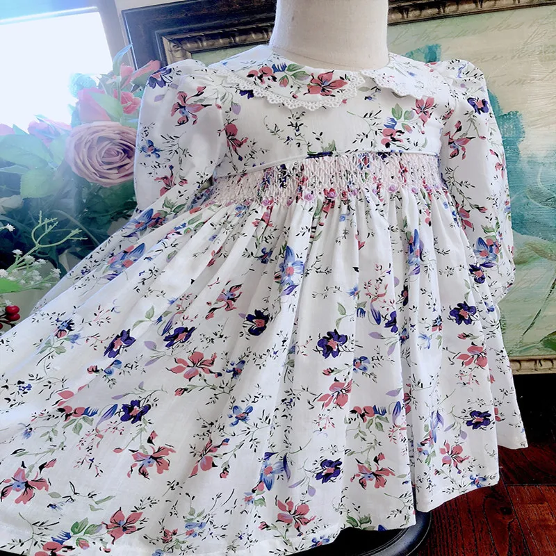 British classical girls baby smocking dress spring autumn hand-made embroidered fresh pleated princess cotton printeddress