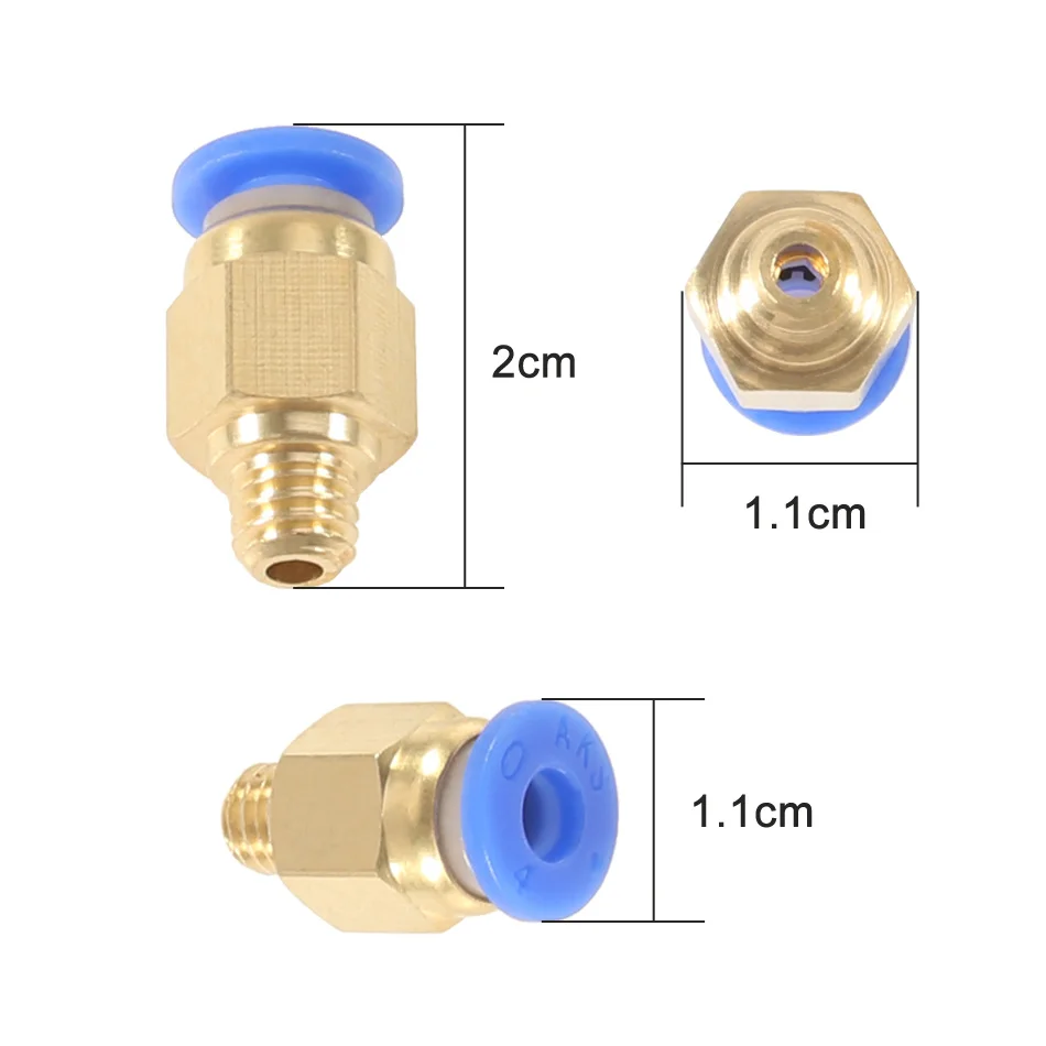 Conector de montaje recto neumático, pieza de latón para tubo MK8 OD de 4mm, PC4-M6, 10 Uds.
